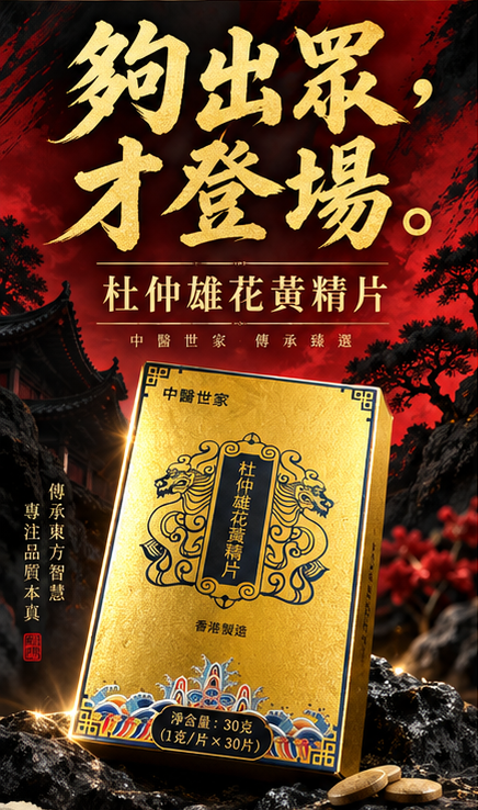 中醫世家杜仲雄花黃精片。紅黑金主視覺，金色產品包裝與金箔書法標題：夠出眾，才登場。